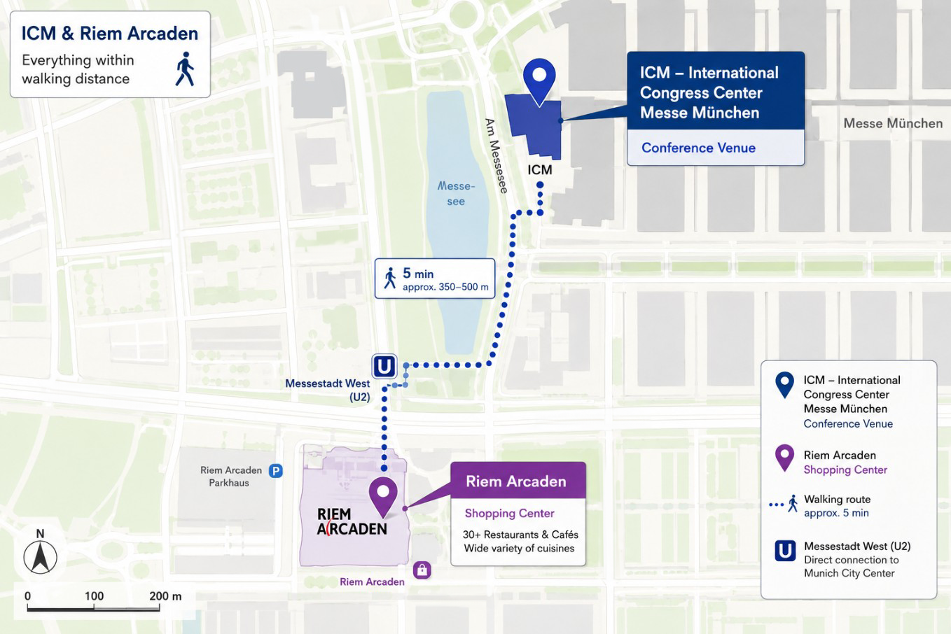 Map showing ICM venue and Riem Arcaden